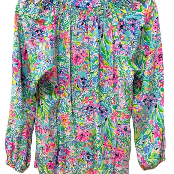 Lilly Pulitzer Elsa Alligator Isle Amalfi Blue Floral Print 100% Silk Blouse L - Picture 3 of 6